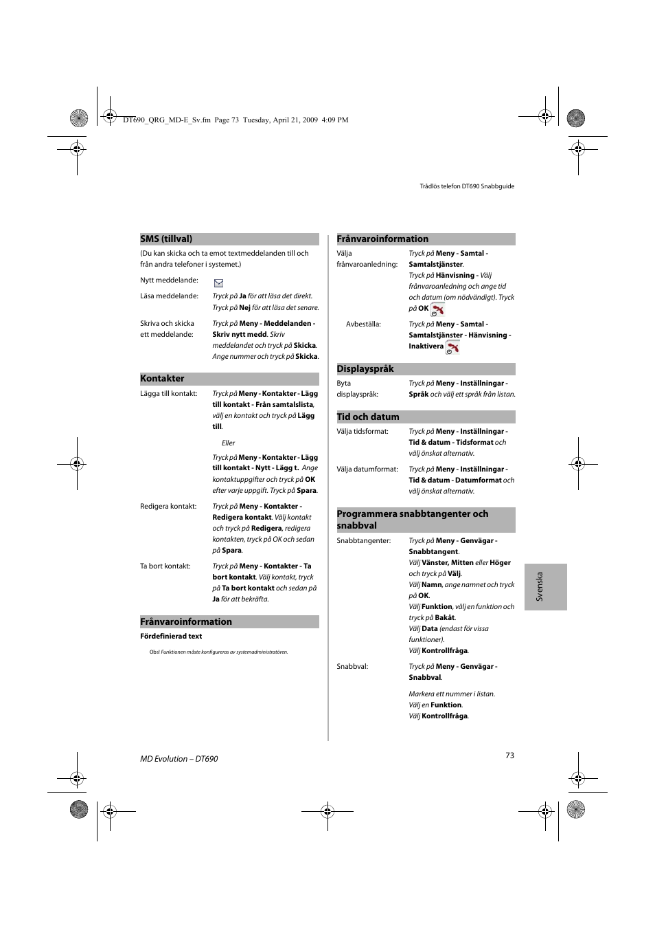 AASTRA DT690 for MD Evolution Quick Reference Guide User Manual | Page 73 / 80