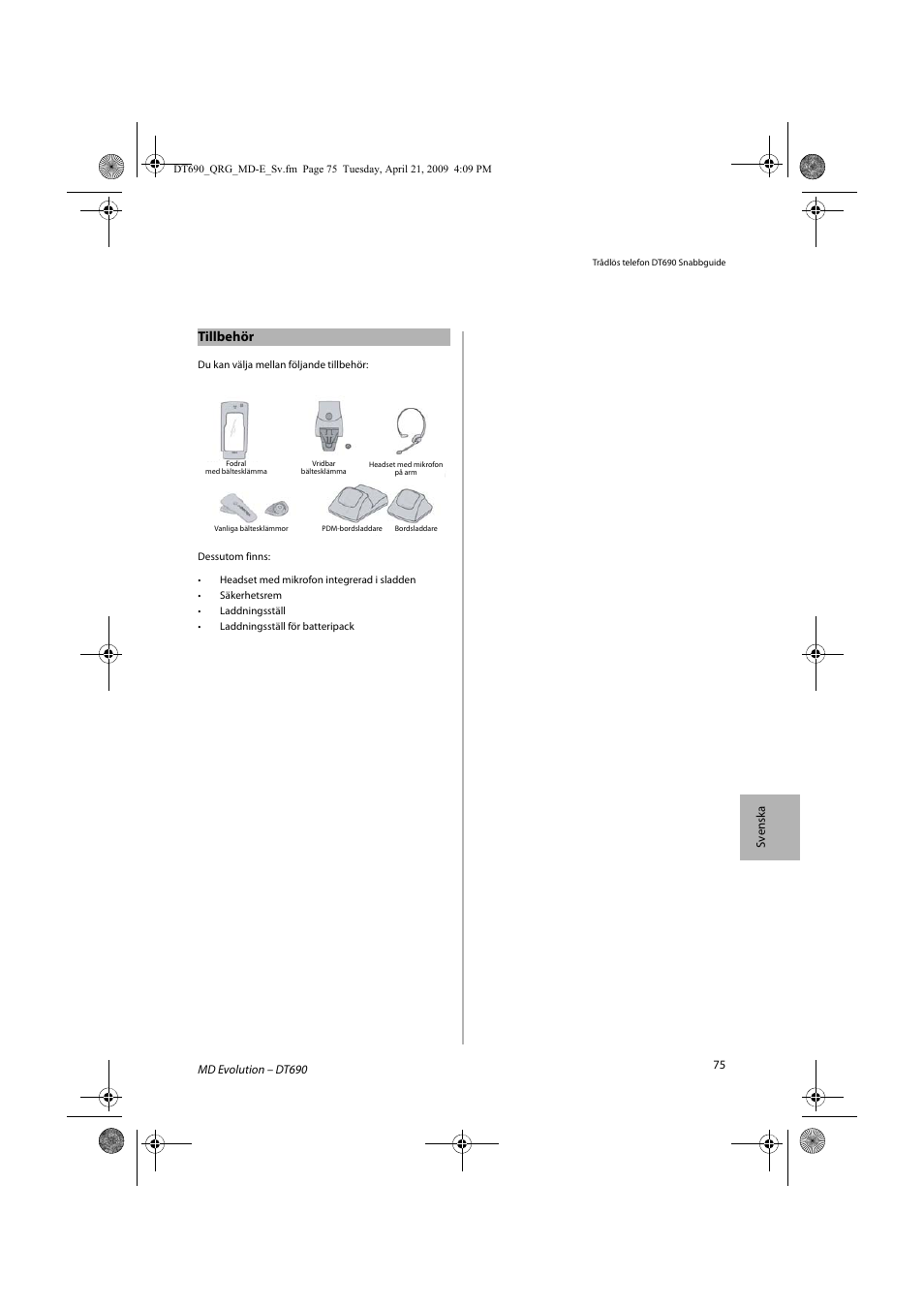 Tillbehör | AASTRA DT690 for MD Evolution Quick Reference Guide User Manual | Page 75 / 80