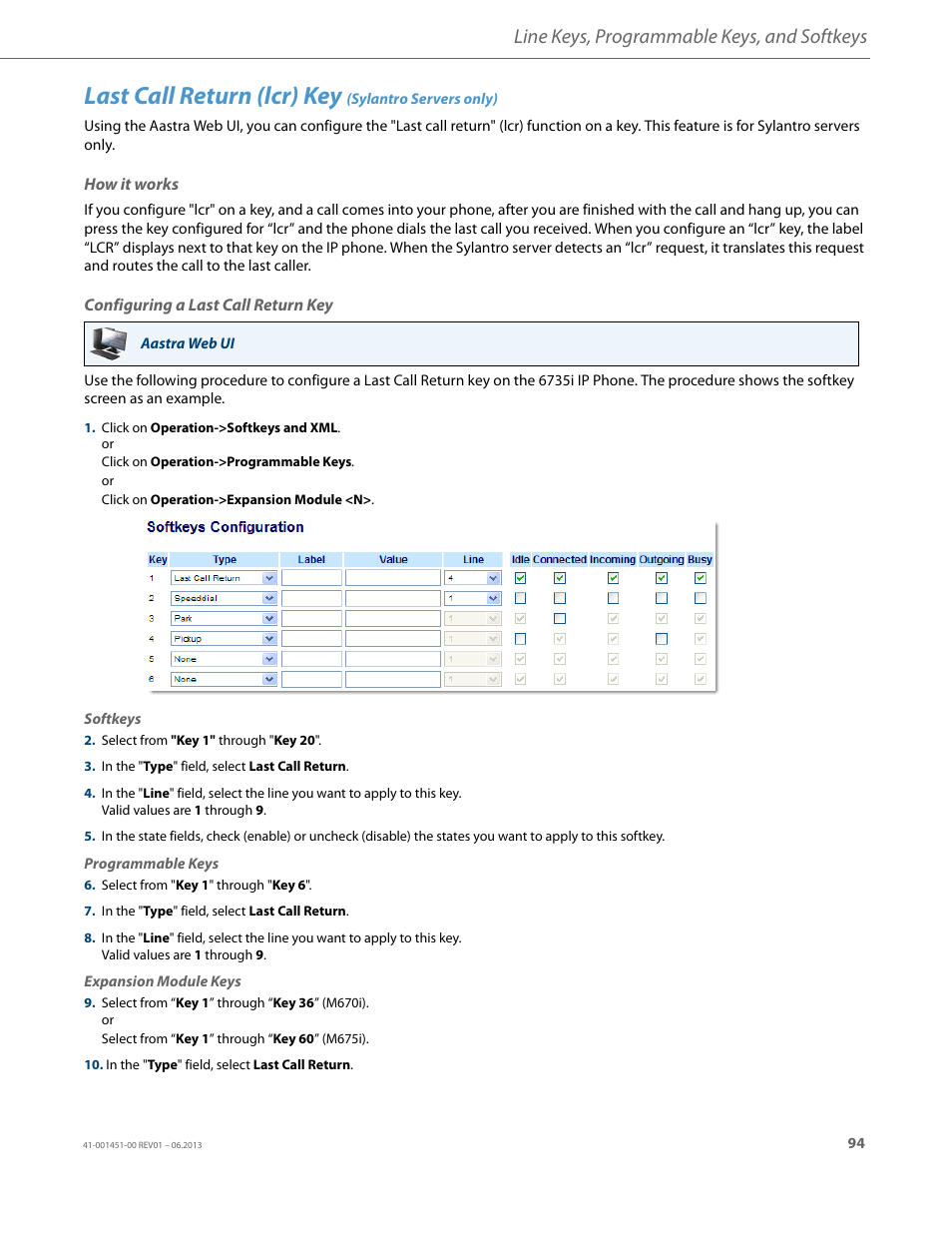 Last call return (lcr) key (sylantro servers only), How it works, Configuring a last call return key | Last call return (lcr) key, Line keys, programmable keys, and softkeys | AASTRA 6735i User Guide EN User Manual | Page 101 / 220