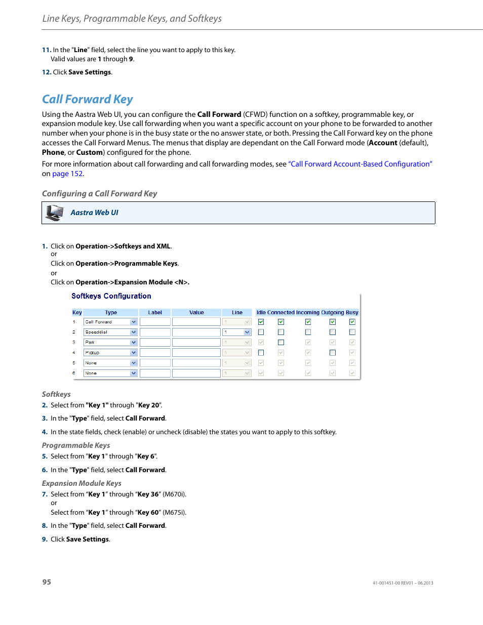 Call forward key, Configuring a call forward key, Line keys, programmable keys, and softkeys | AASTRA 6735i User Guide EN User Manual | Page 102 / 220