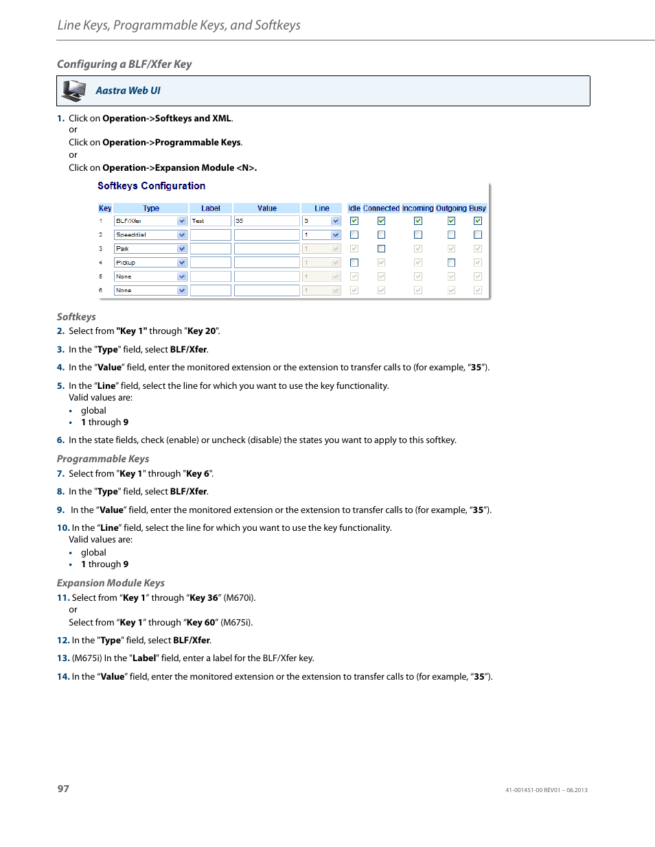 Configuring a blf/xfer key, Line keys, programmable keys, and softkeys | AASTRA 6735i User Guide EN User Manual | Page 104 / 220