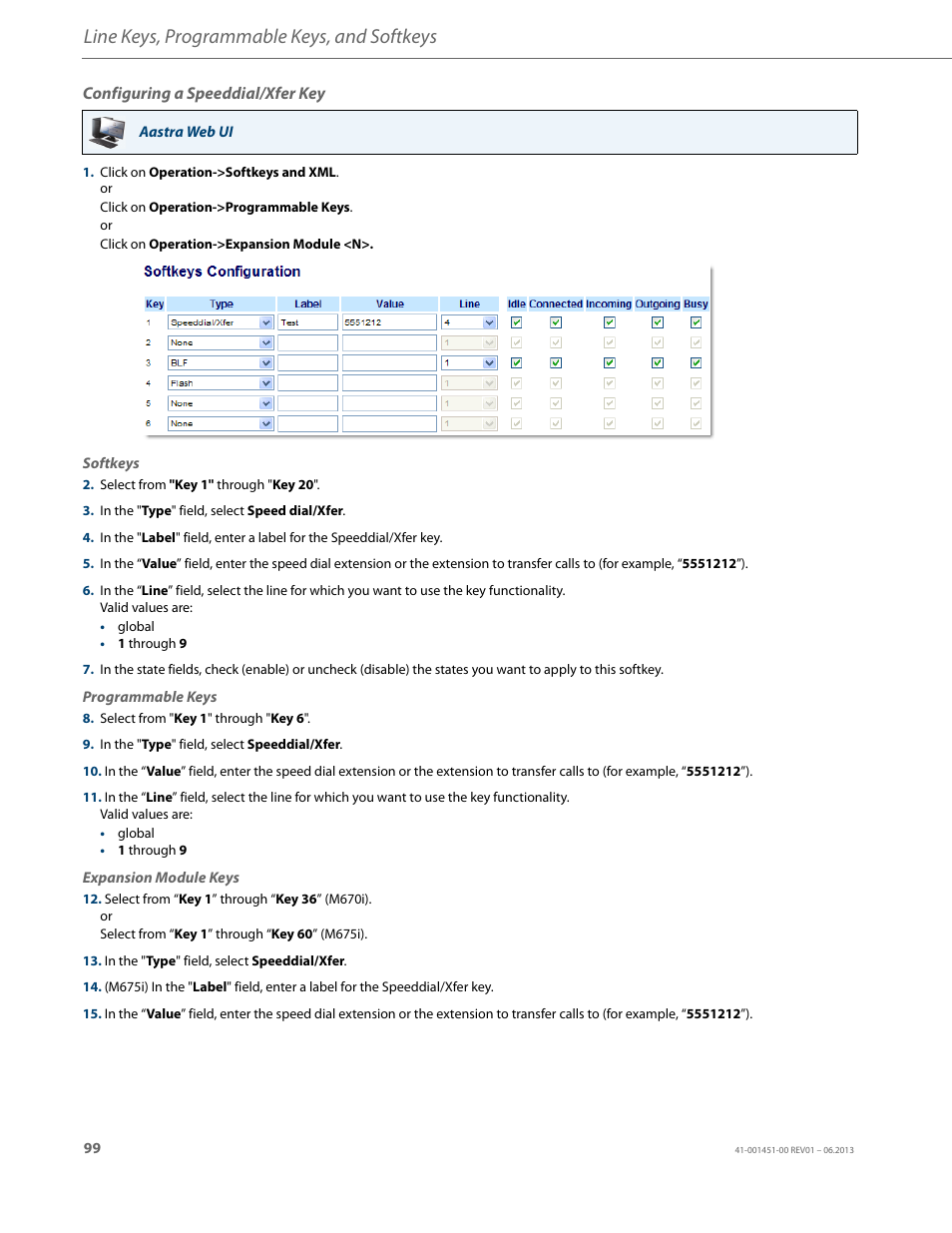 Configuring a speeddial/xfer key, Line keys, programmable keys, and softkeys | AASTRA 6735i User Guide EN User Manual | Page 106 / 220
