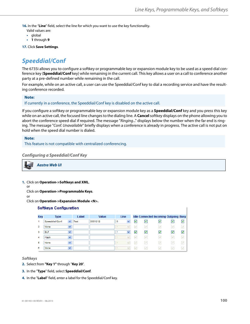 Speeddial/conf, Configuring a speeddial/conf key, Line keys, programmable keys, and softkeys | AASTRA 6735i User Guide EN User Manual | Page 107 / 220