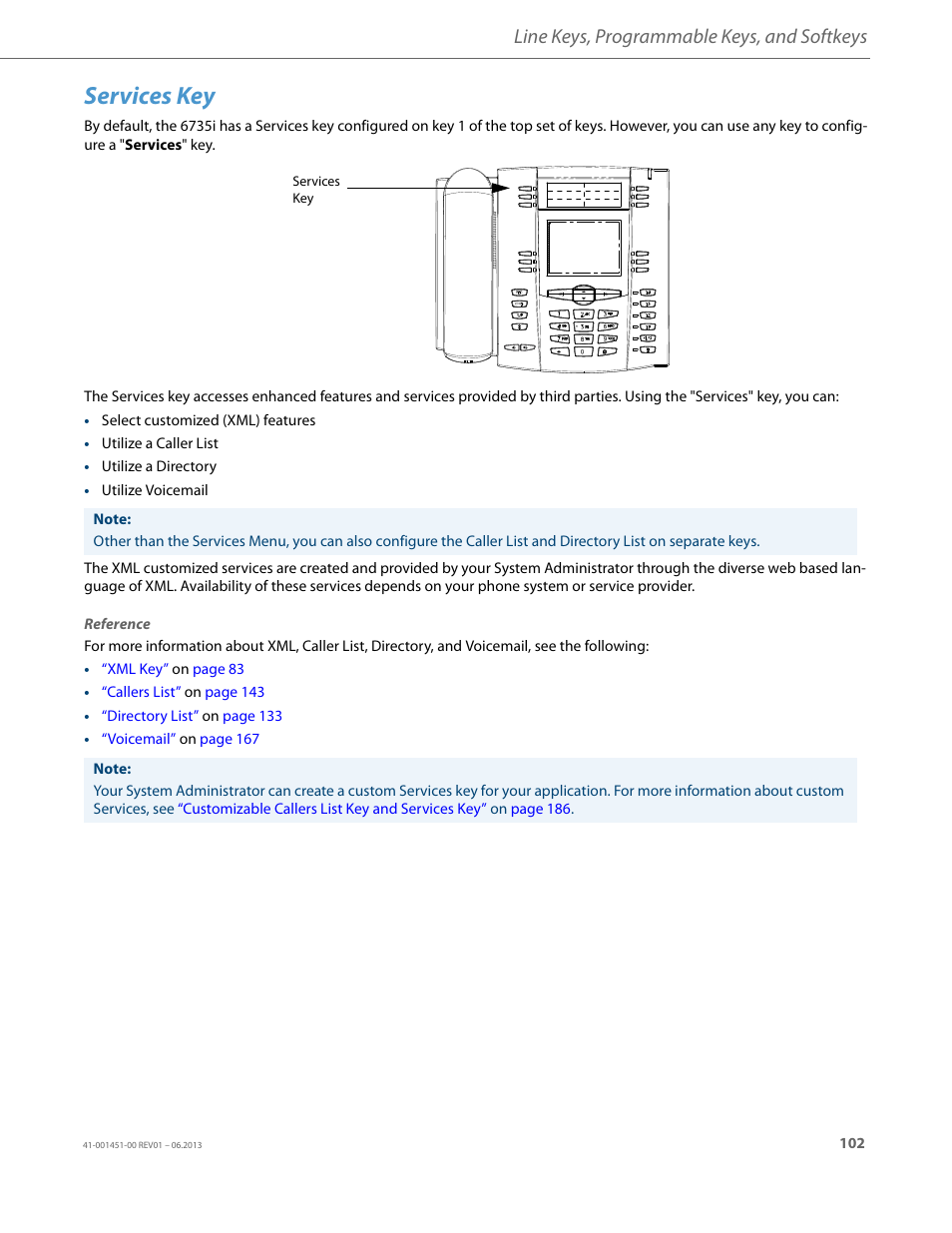 Services key, Line keys, programmable keys, and softkeys | AASTRA 6735i User Guide EN User Manual | Page 109 / 220