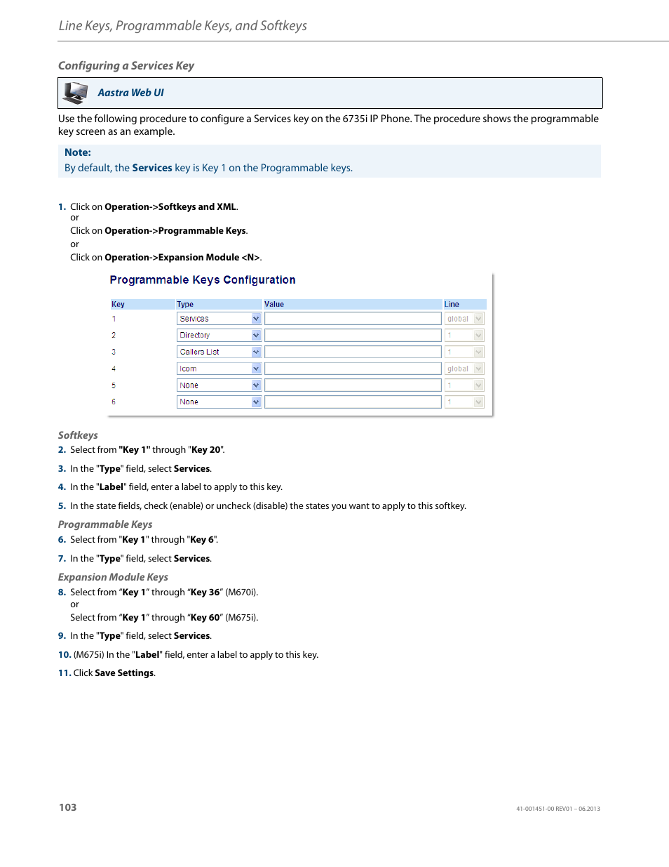 Configuring a services key, Line keys, programmable keys, and softkeys | AASTRA 6735i User Guide EN User Manual | Page 110 / 220