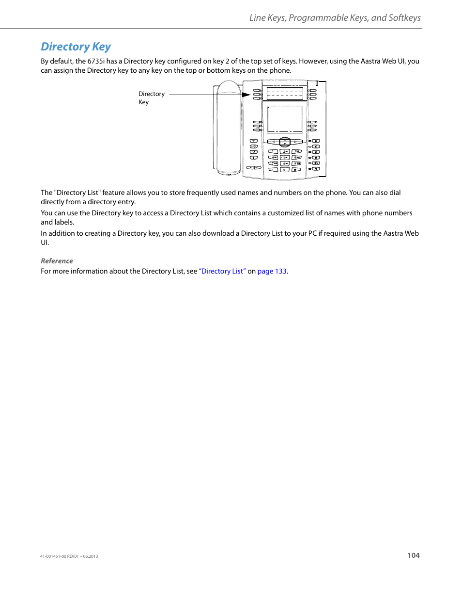 Directory key, Line keys, programmable keys, and softkeys | AASTRA 6735i User Guide EN User Manual | Page 111 / 220