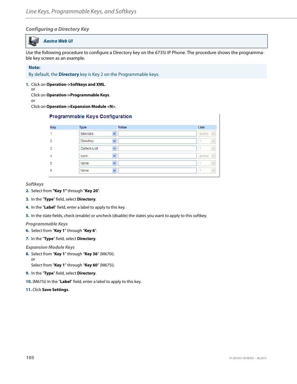 Configuring a directory key, Line keys, programmable keys, and softkeys | AASTRA 6735i User Guide EN User Manual | Page 112 / 220