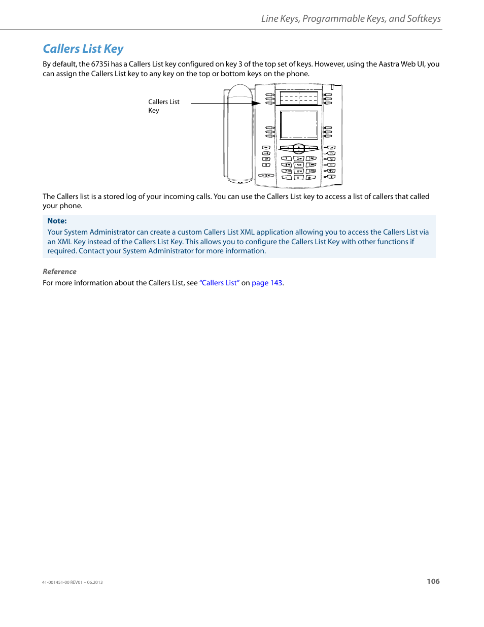 Callers list key, Line keys, programmable keys, and softkeys | AASTRA 6735i User Guide EN User Manual | Page 113 / 220