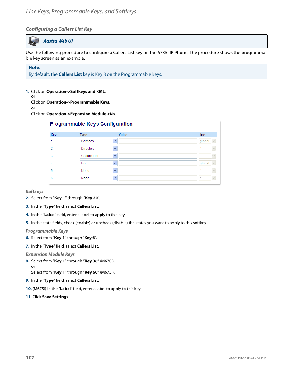 Configuring a callers list key, Line keys, programmable keys, and softkeys | AASTRA 6735i User Guide EN User Manual | Page 114 / 220