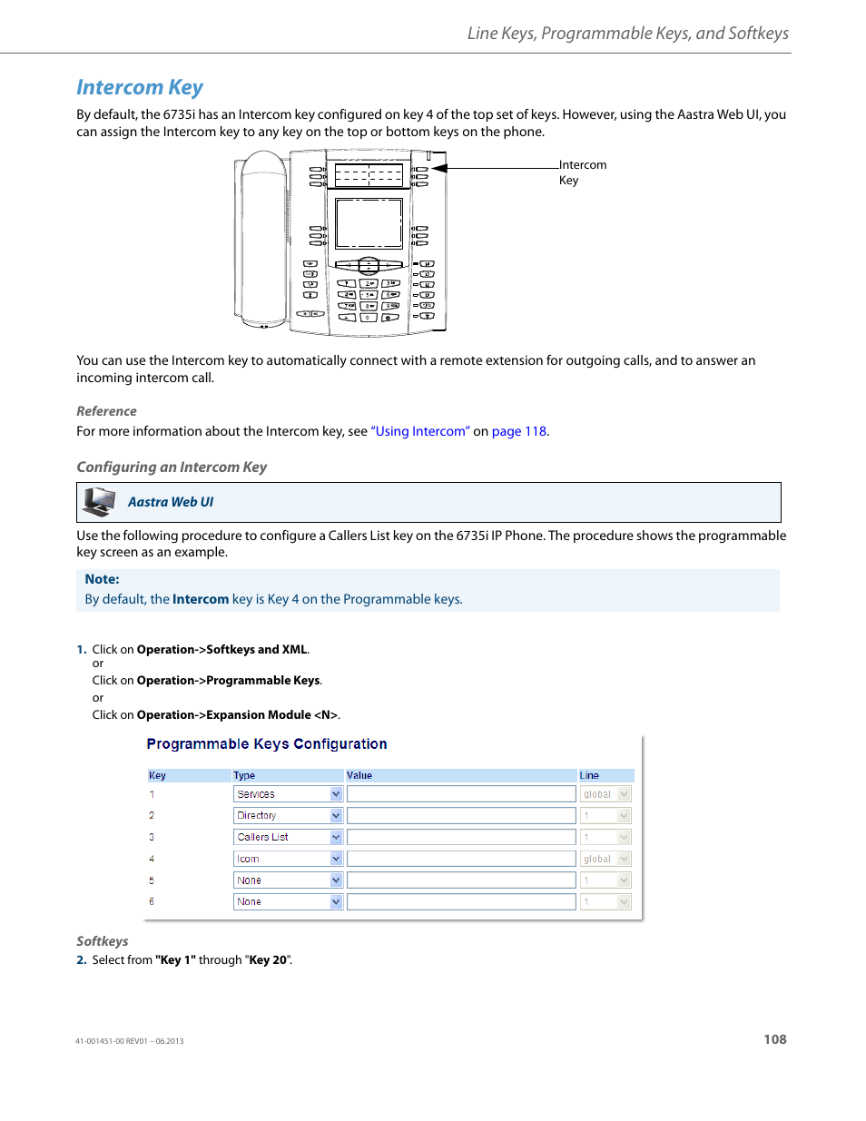 Intercom key, Configuring an intercom key, Line keys, programmable keys, and softkeys | AASTRA 6735i User Guide EN User Manual | Page 115 / 220