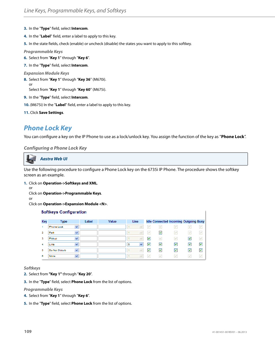 Phone lock key, Configuring a phone lock key, Line keys, programmable keys, and softkeys | AASTRA 6735i User Guide EN User Manual | Page 116 / 220