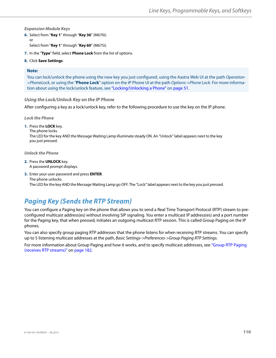 Using the lock/unlock key on the ip phone, Paging key (sends the rtp stream), Line keys, programmable keys, and softkeys | AASTRA 6735i User Guide EN User Manual | Page 117 / 220