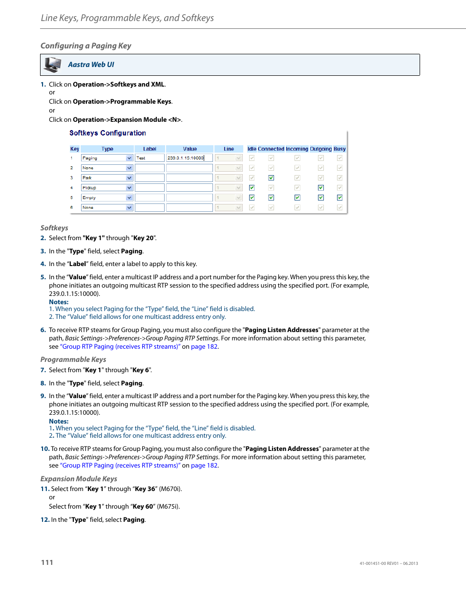 Configuring a paging key, Line keys, programmable keys, and softkeys | AASTRA 6735i User Guide EN User Manual | Page 118 / 220