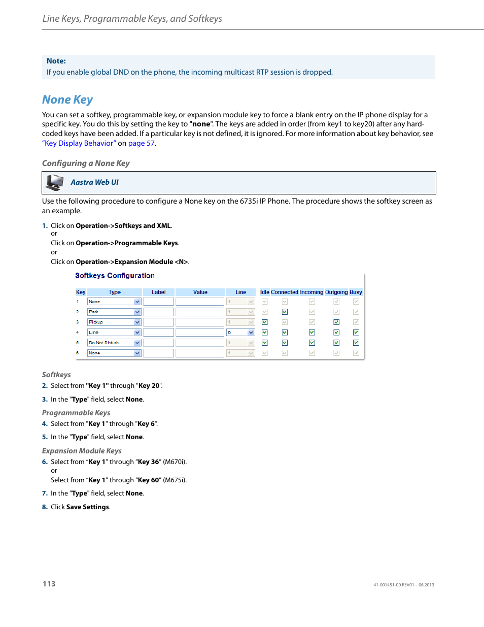 None key, Configuring a none key, Line keys, programmable keys, and softkeys | AASTRA 6735i User Guide EN User Manual | Page 120 / 220