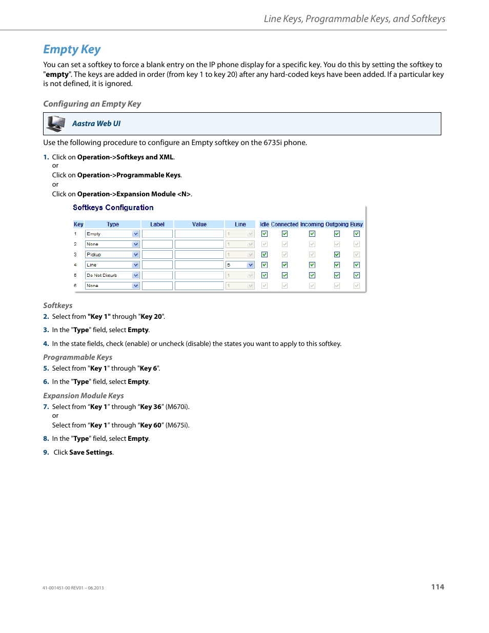 Empty key, Configuring an empty key, Line keys, programmable keys, and softkeys | AASTRA 6735i User Guide EN User Manual | Page 121 / 220