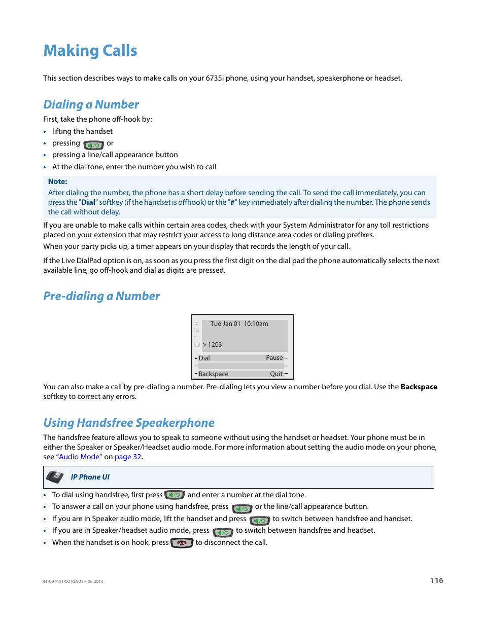 Making calls, Dialing a number, Pre-dialing a number | Using handsfree speakerphone | AASTRA 6735i User Guide EN User Manual | Page 123 / 220