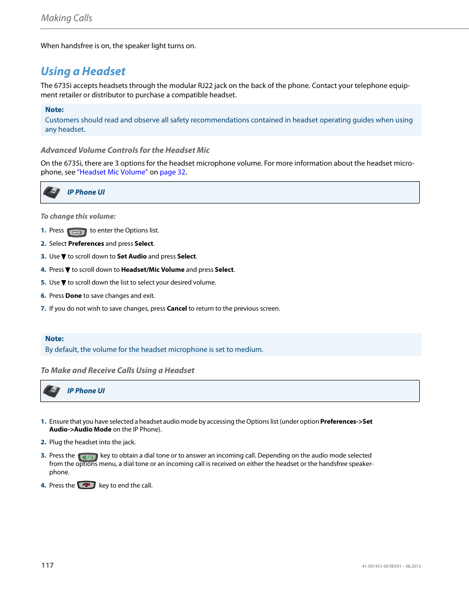 Using a headset, Advanced volume controls for the headset mic, To make and receive calls using a headset | Making calls | AASTRA 6735i User Guide EN User Manual | Page 124 / 220