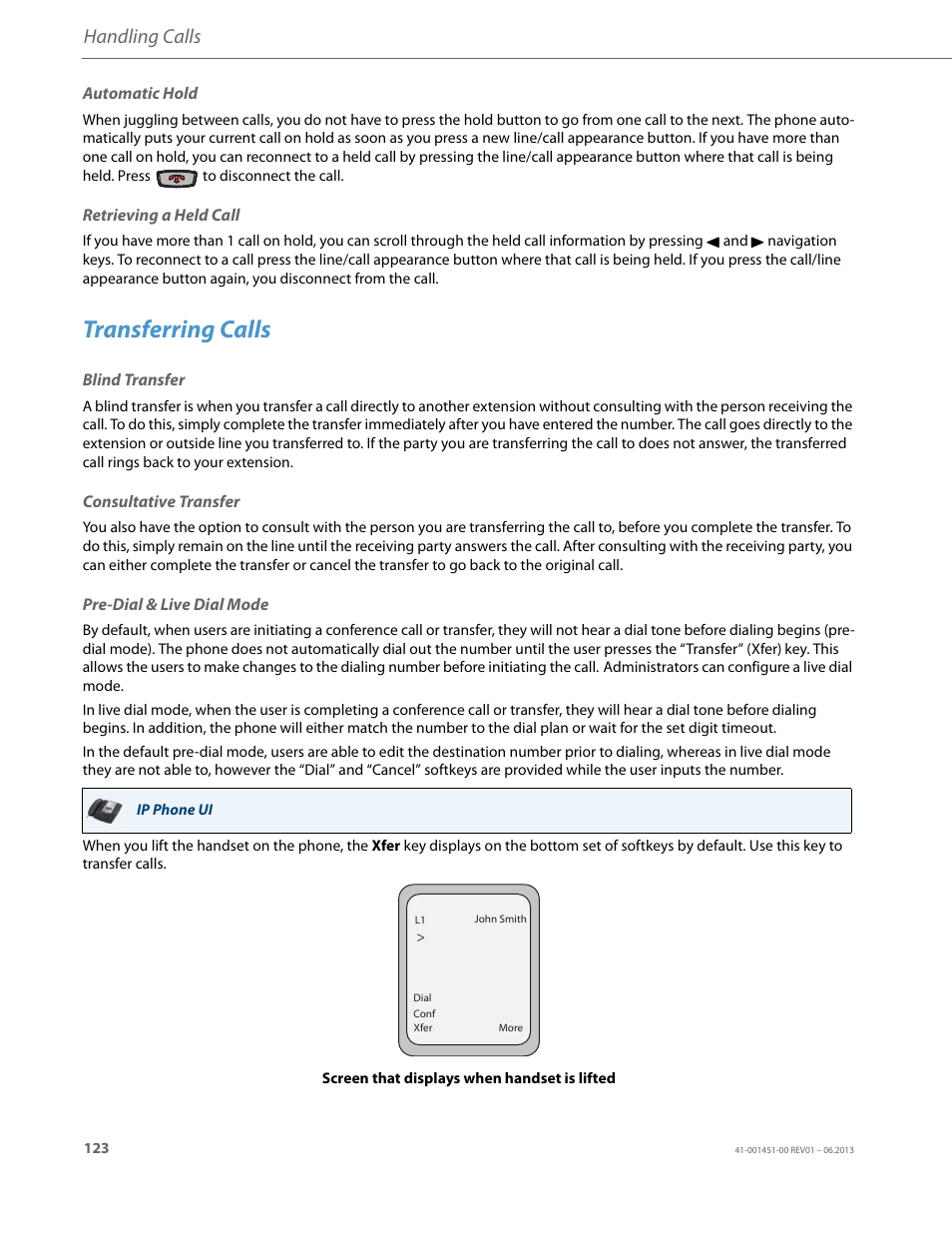Automatic hold, Retrieving a held call, Transferring calls | Blind transfer, Consultative transfer, Pre-dial & live dial mode, Handling calls | AASTRA 6735i User Guide EN User Manual | Page 130 / 220