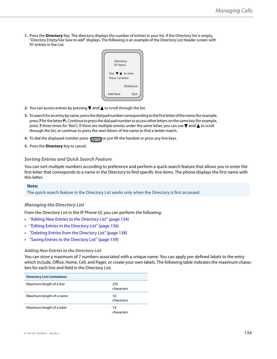 Sorting entries and quick search feature, Managing the directory list, Managing calls | AASTRA 6735i User Guide EN User Manual | Page 141 / 220