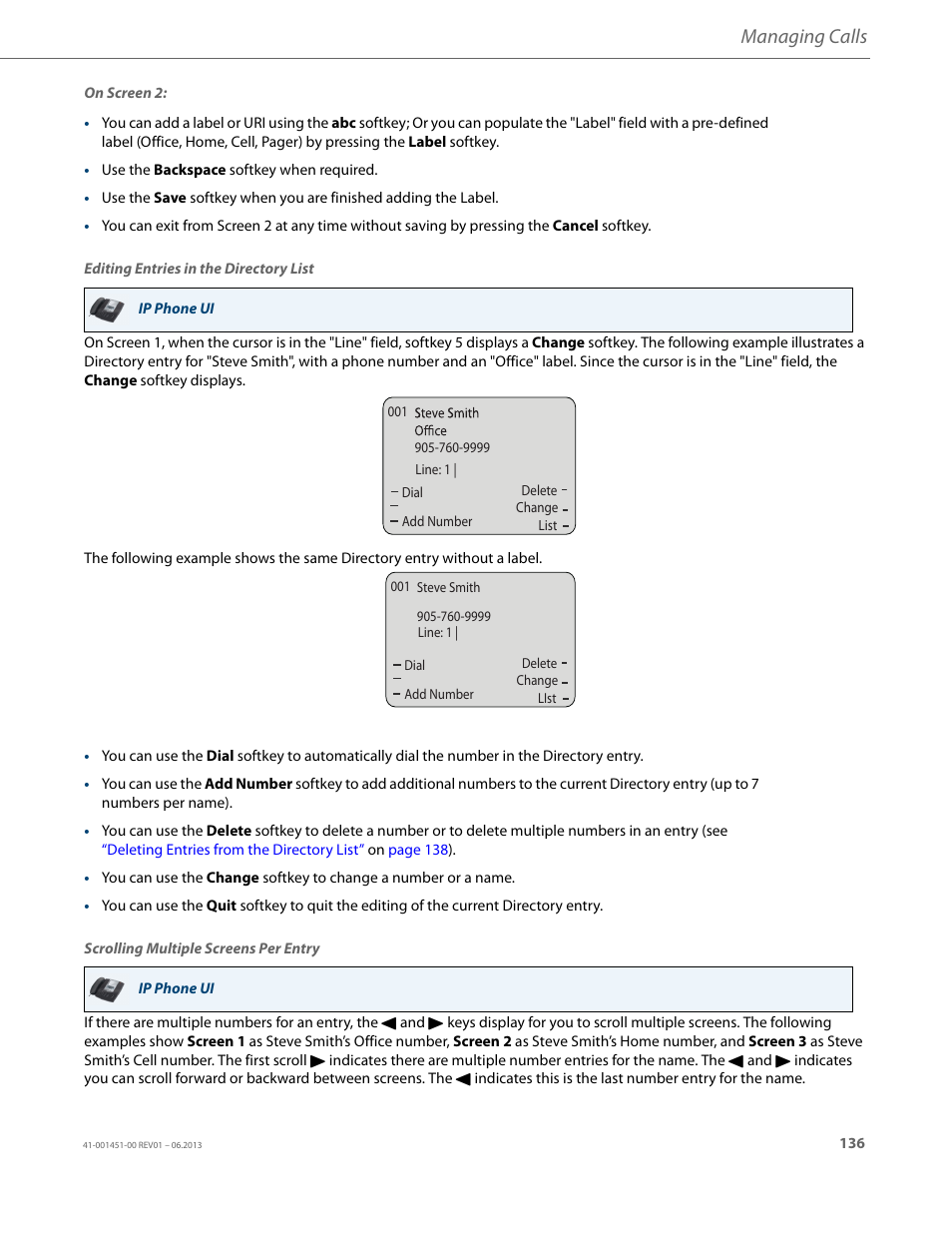 Editing entries in the directory list, Managing calls | AASTRA 6735i User Guide EN User Manual | Page 143 / 220