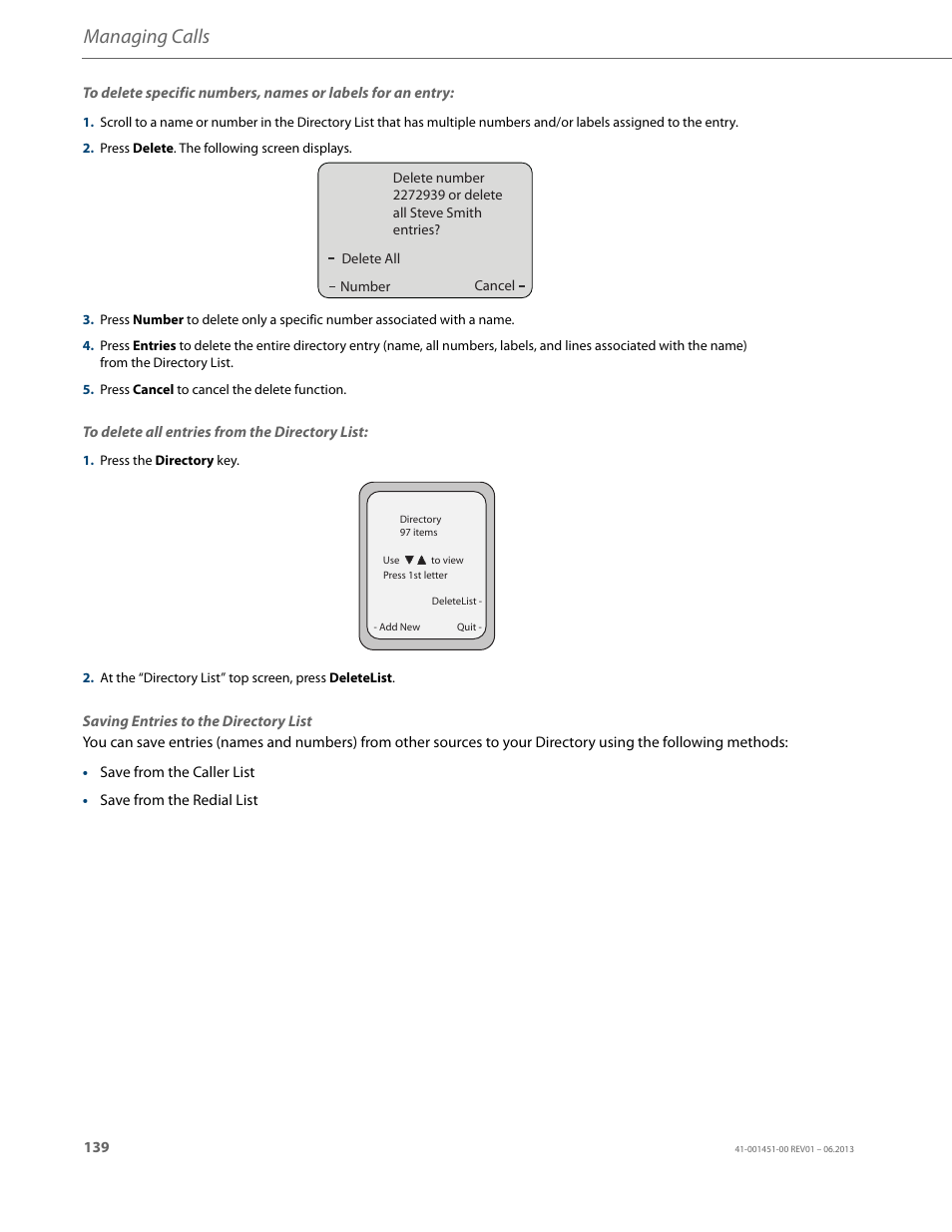 Saving entries to the directory list, Managing calls | AASTRA 6735i User Guide EN User Manual | Page 146 / 220