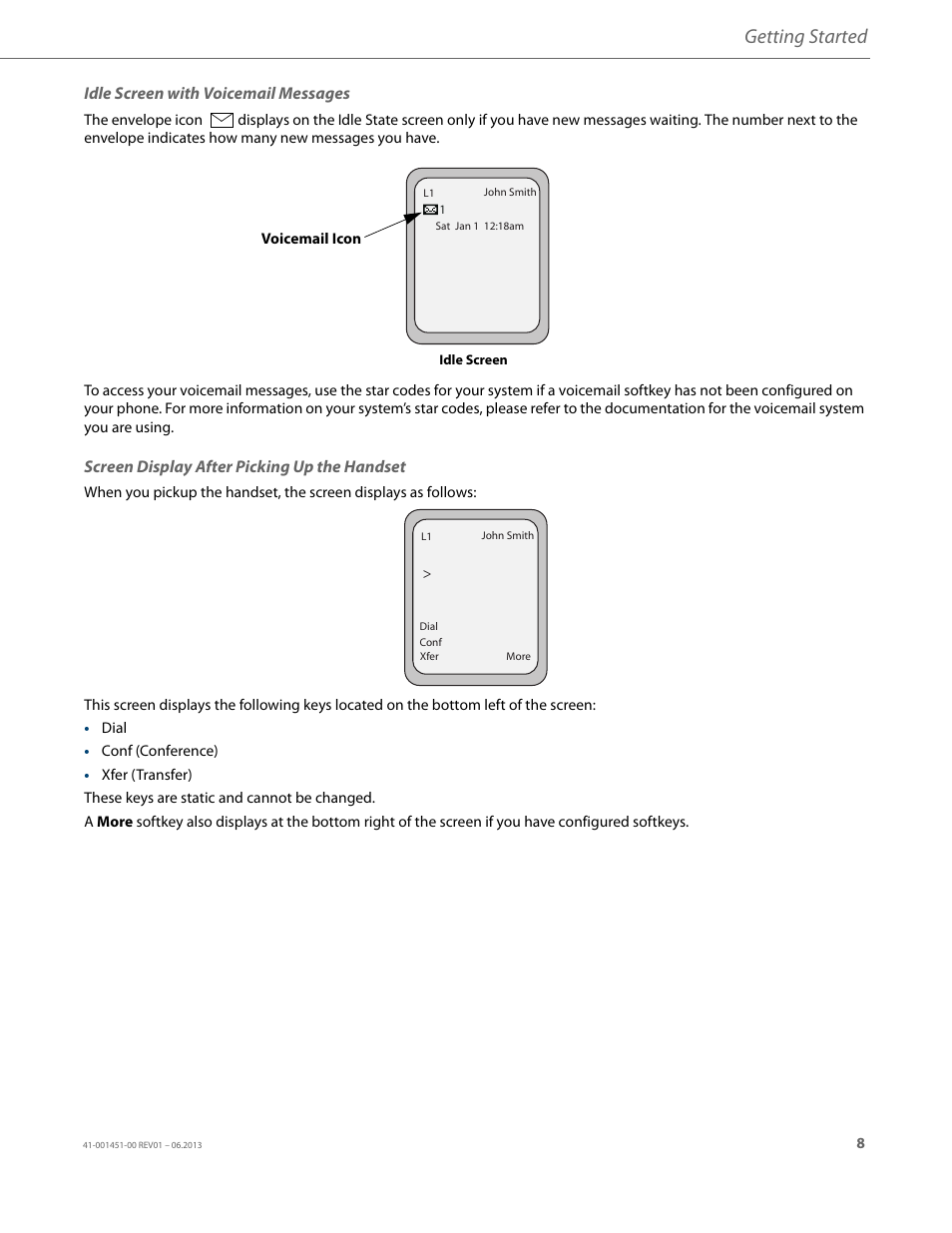 Idle screen with voicemail messages, Screen display after picking up the handset, Getting started | AASTRA 6735i User Guide EN User Manual | Page 15 / 220