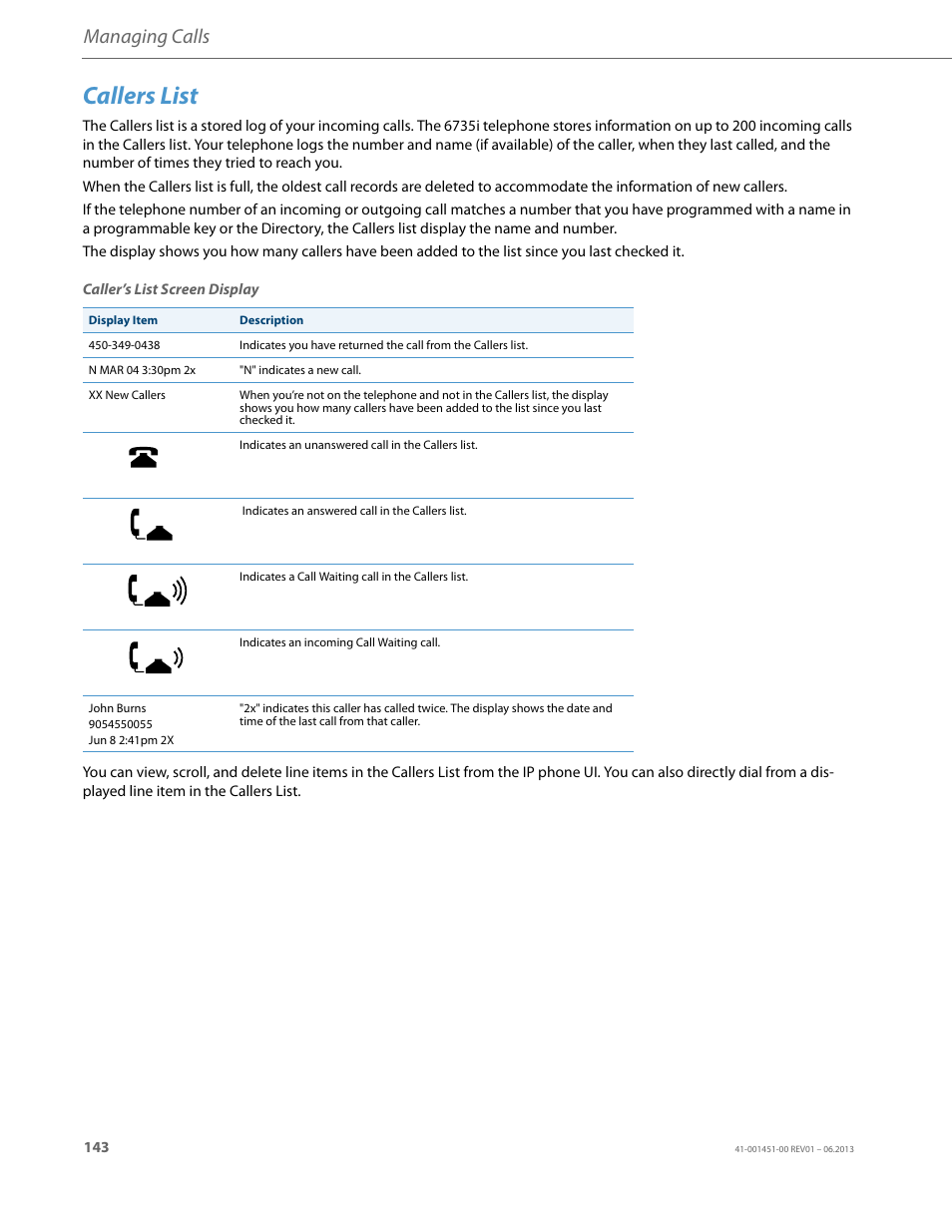 Callers list, Callers list, see, Managing calls | AASTRA 6735i User Guide EN User Manual | Page 150 / 220