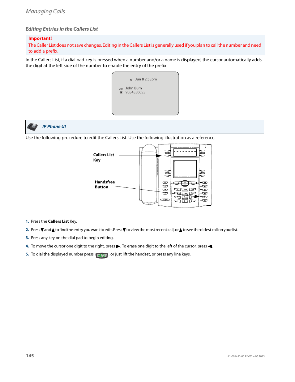 Editing entries in the callers list, Managing calls | AASTRA 6735i User Guide EN User Manual | Page 152 / 220