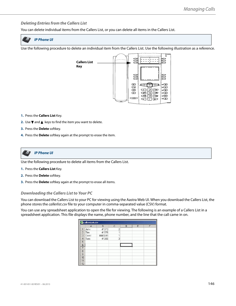 Deleting entries from the callers list, Downloading the callers list to your pc, Managing calls | AASTRA 6735i User Guide EN User Manual | Page 153 / 220