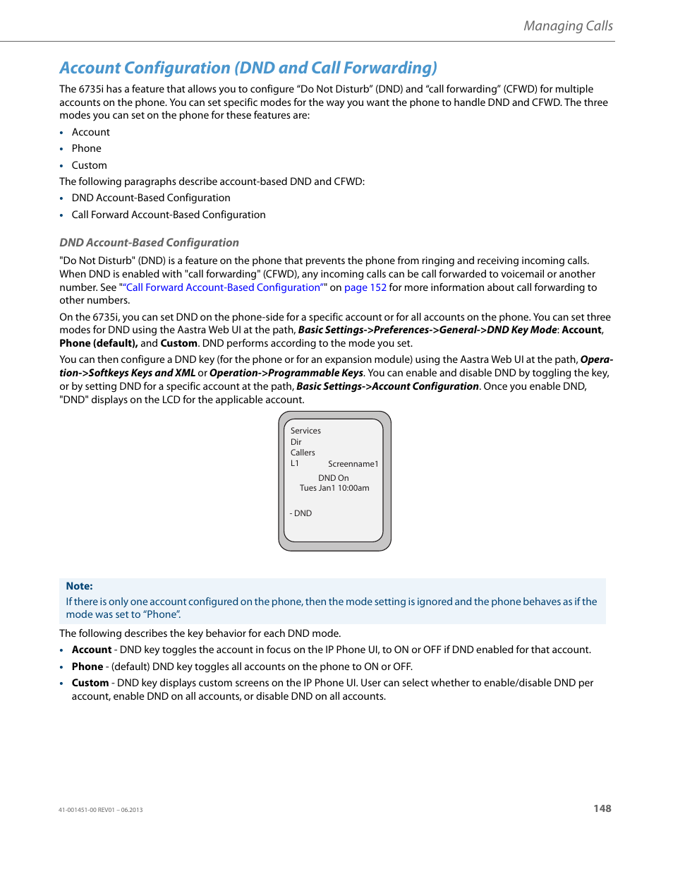 Account configuration (dnd and call forwarding), Dnd account-based configuration, Managing calls | AASTRA 6735i User Guide EN User Manual | Page 155 / 220