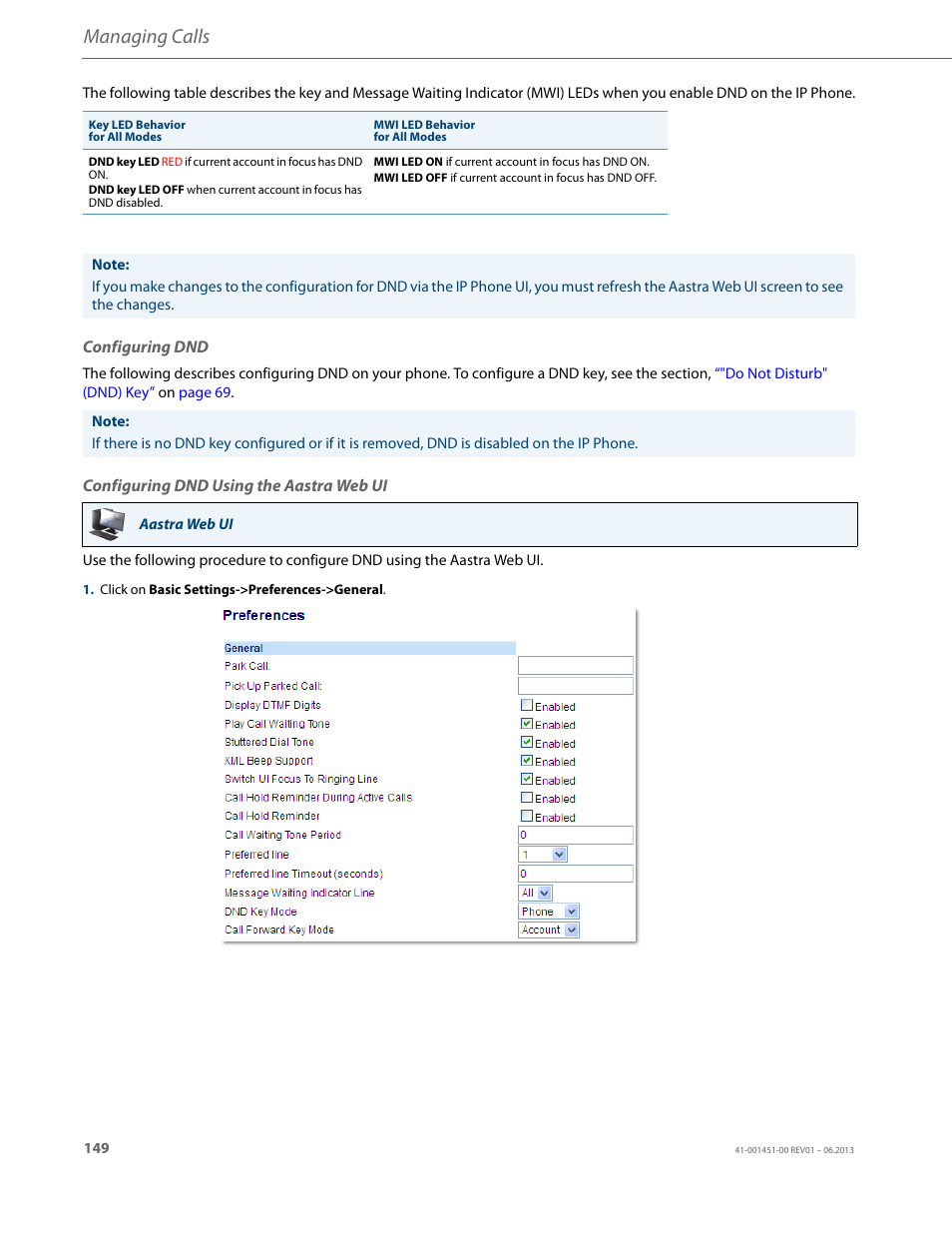 Configuring dnd, Configuring dnd using the aastra web ui, Managing calls | AASTRA 6735i User Guide EN User Manual | Page 156 / 220