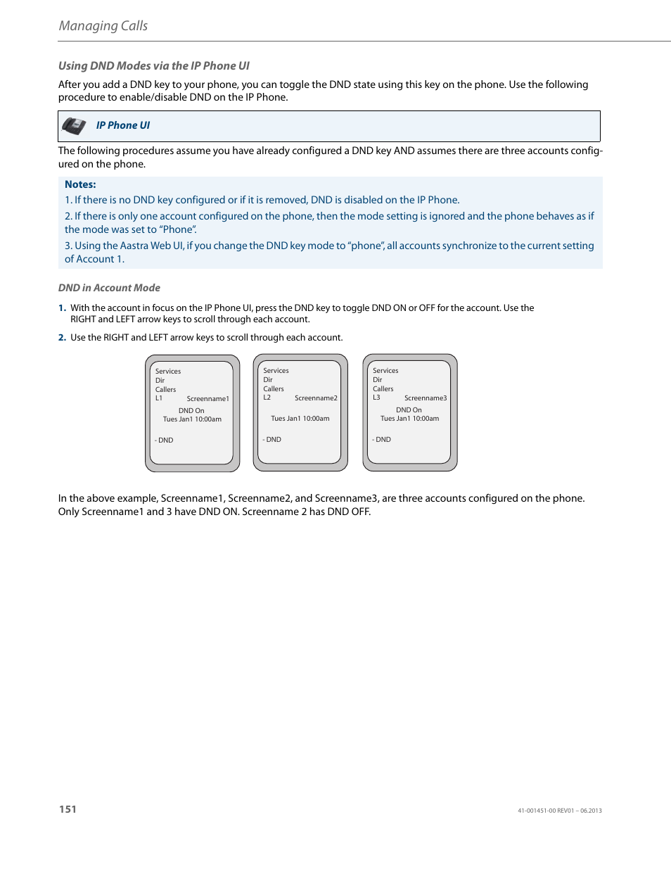 Using dnd modes via the ip phone ui, Managing calls | AASTRA 6735i User Guide EN User Manual | Page 158 / 220