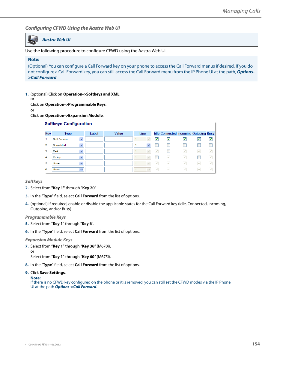 Configuring cfwd using the aastra web ui, Managing calls | AASTRA 6735i User Guide EN User Manual | Page 161 / 220