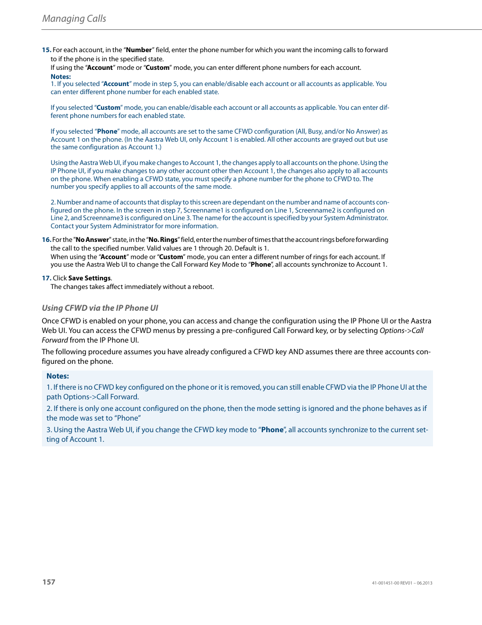 Using cfwd via the ip phone ui, Managing calls | AASTRA 6735i User Guide EN User Manual | Page 164 / 220