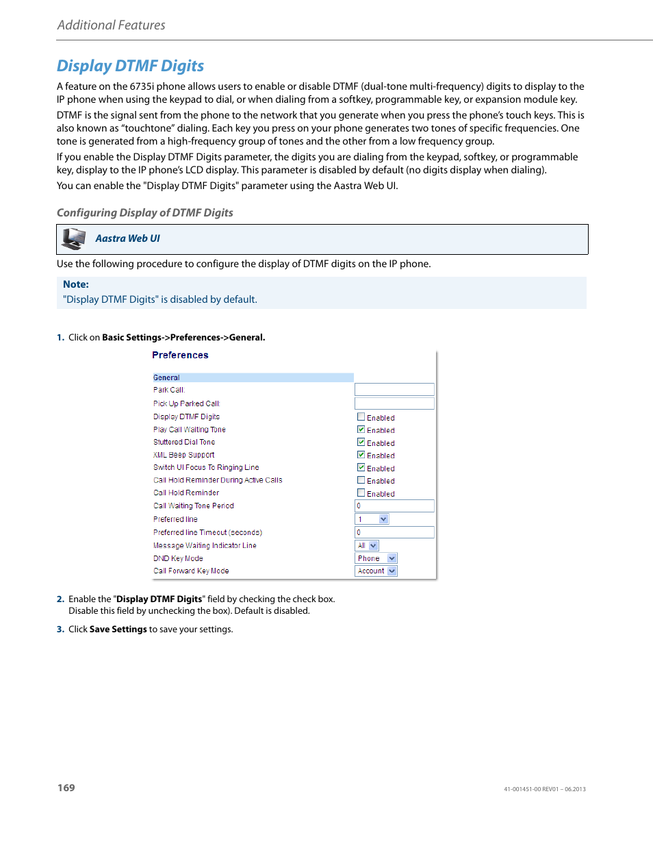Display dtmf digits, Configuring display of dtmf digits, Additional features | AASTRA 6735i User Guide EN User Manual | Page 176 / 220