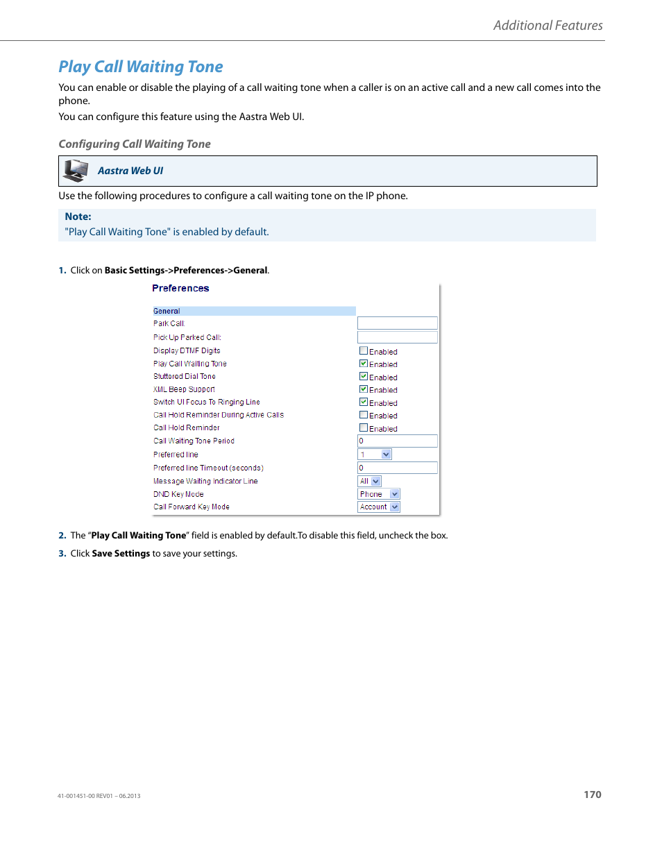 Play call waiting tone, Configuring call waiting tone, Additional features | AASTRA 6735i User Guide EN User Manual | Page 177 / 220