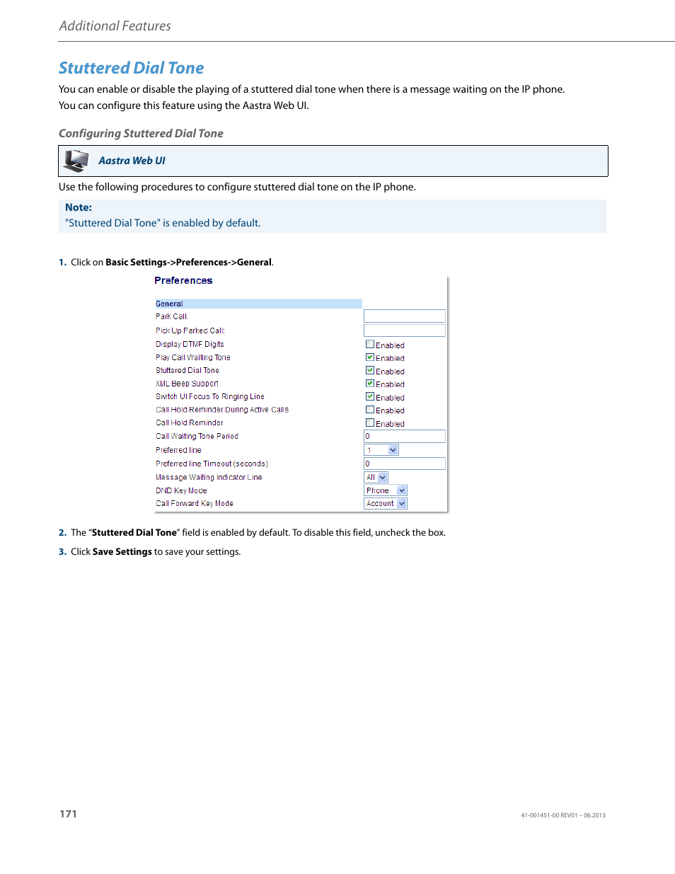 Stuttered dial tone, Configuring stuttered dial tone, Additional features | AASTRA 6735i User Guide EN User Manual | Page 178 / 220
