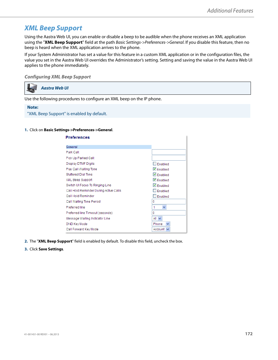 Xml beep support, Configuring xml beep support, Additional features | AASTRA 6735i User Guide EN User Manual | Page 179 / 220