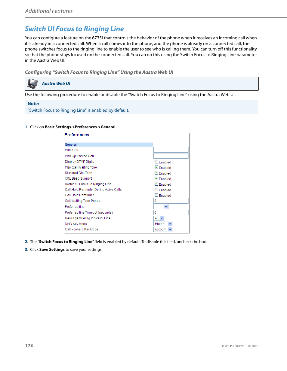 Switch ui focus to ringing line, Additional features | AASTRA 6735i User Guide EN User Manual | Page 180 / 220