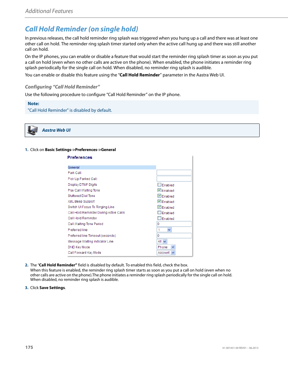 Call hold reminder (on single hold), Configuring “call hold reminder, Additional features | AASTRA 6735i User Guide EN User Manual | Page 182 / 220