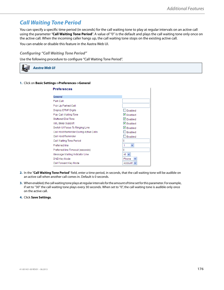 Call waiting tone period, Configuring “call waiting tone period, Additional features | AASTRA 6735i User Guide EN User Manual | Page 183 / 220