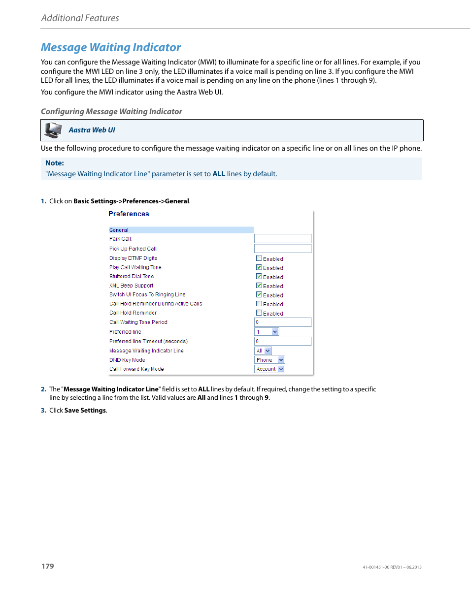 Message waiting indicator, Configuring message waiting indicator, Additional features | AASTRA 6735i User Guide EN User Manual | Page 186 / 220