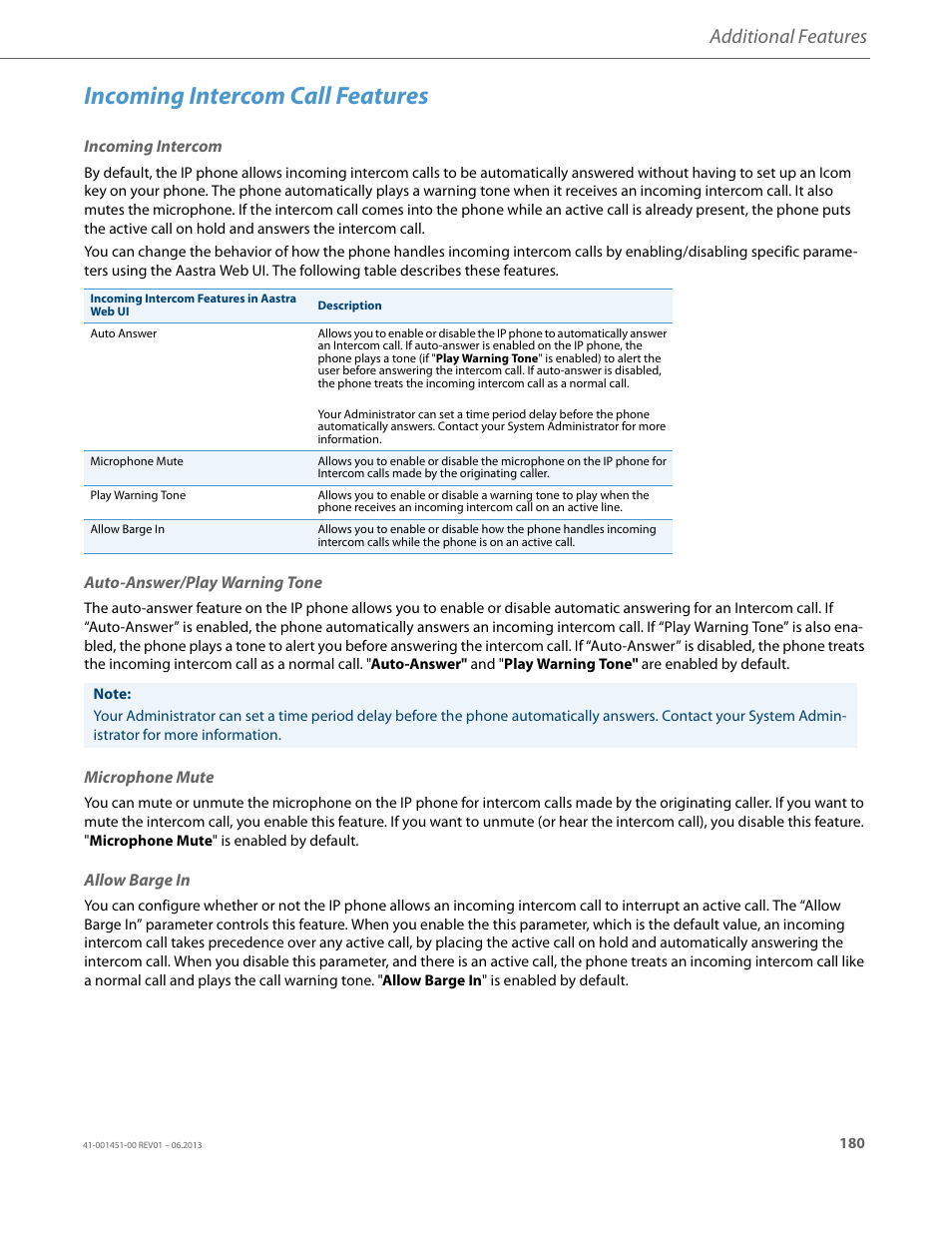 Incoming intercom call features, Incoming intercom, Auto-answer/play warning tone | Microphone mute, Allow barge in, Incoming, Intercom call features, Additional features | AASTRA 6735i User Guide EN User Manual | Page 187 / 220