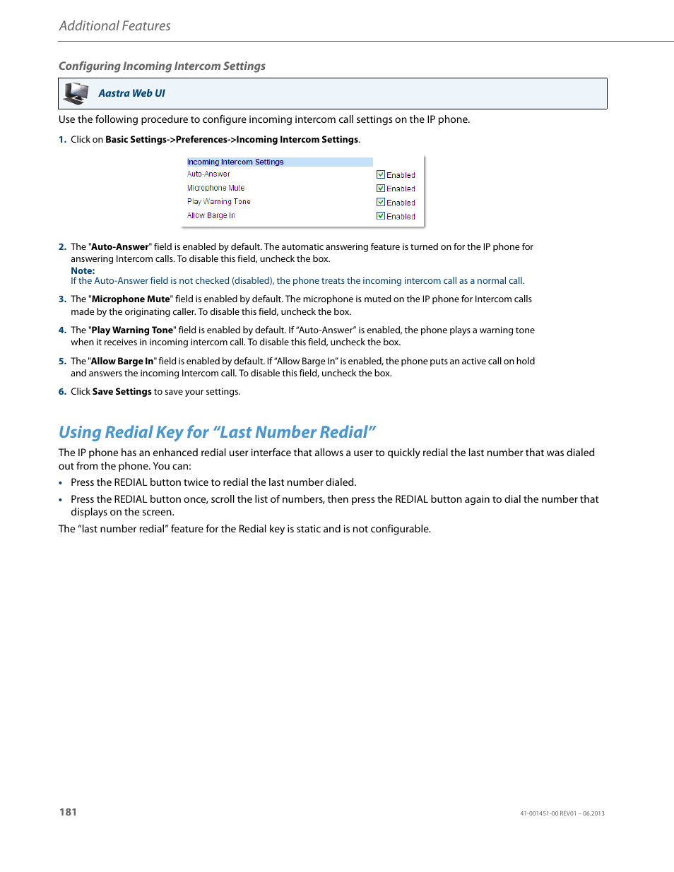 Configuring incoming intercom settings, Using redial key for “last number redial, Additional features | AASTRA 6735i User Guide EN User Manual | Page 188 / 220