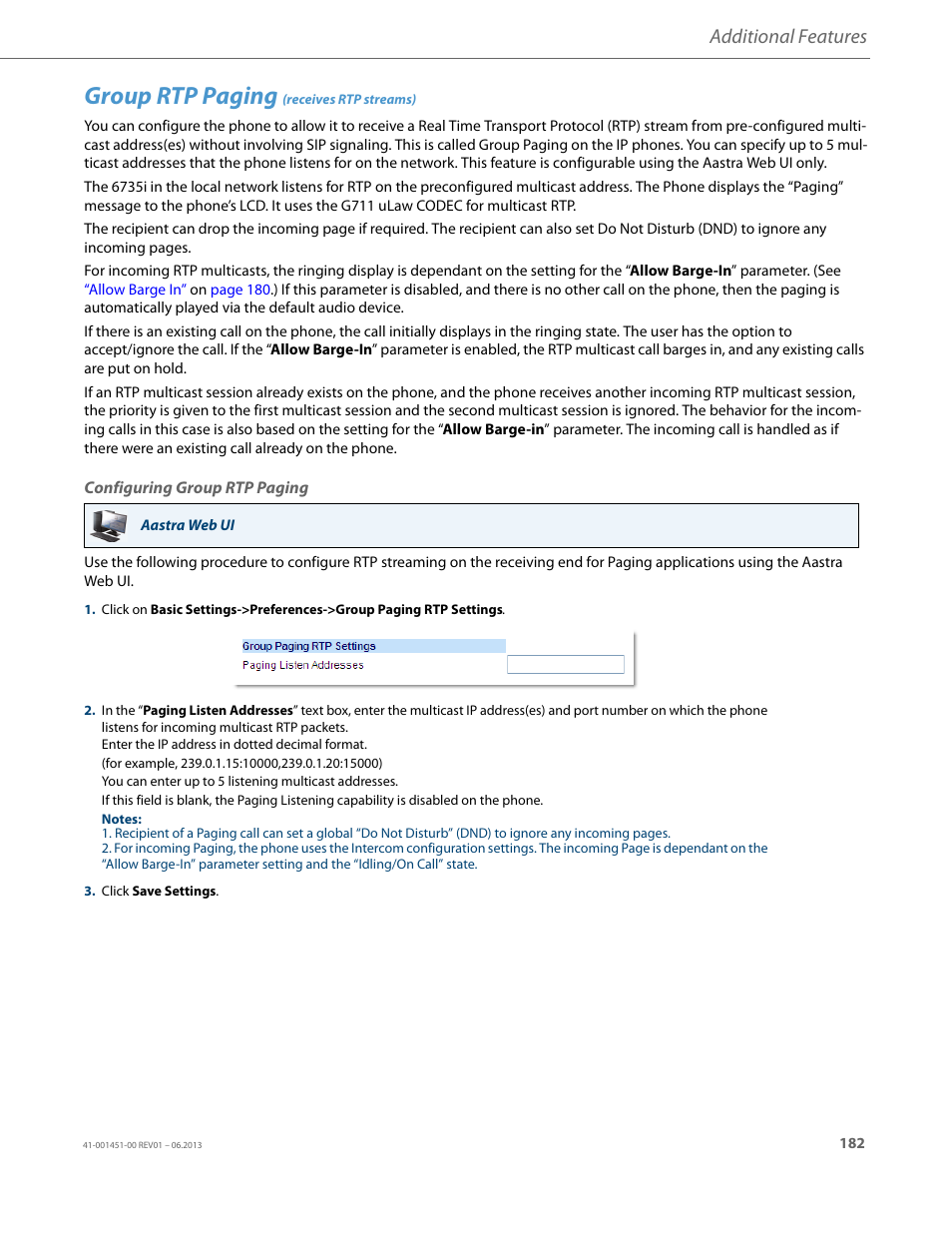 Group rtp paging (receives rtp streams), Configuring group rtp paging, Group rtp paging (receives rtp | Streams), Group rtp paging, Receives rtp streams), Additional features | AASTRA 6735i User Guide EN User Manual | Page 189 / 220