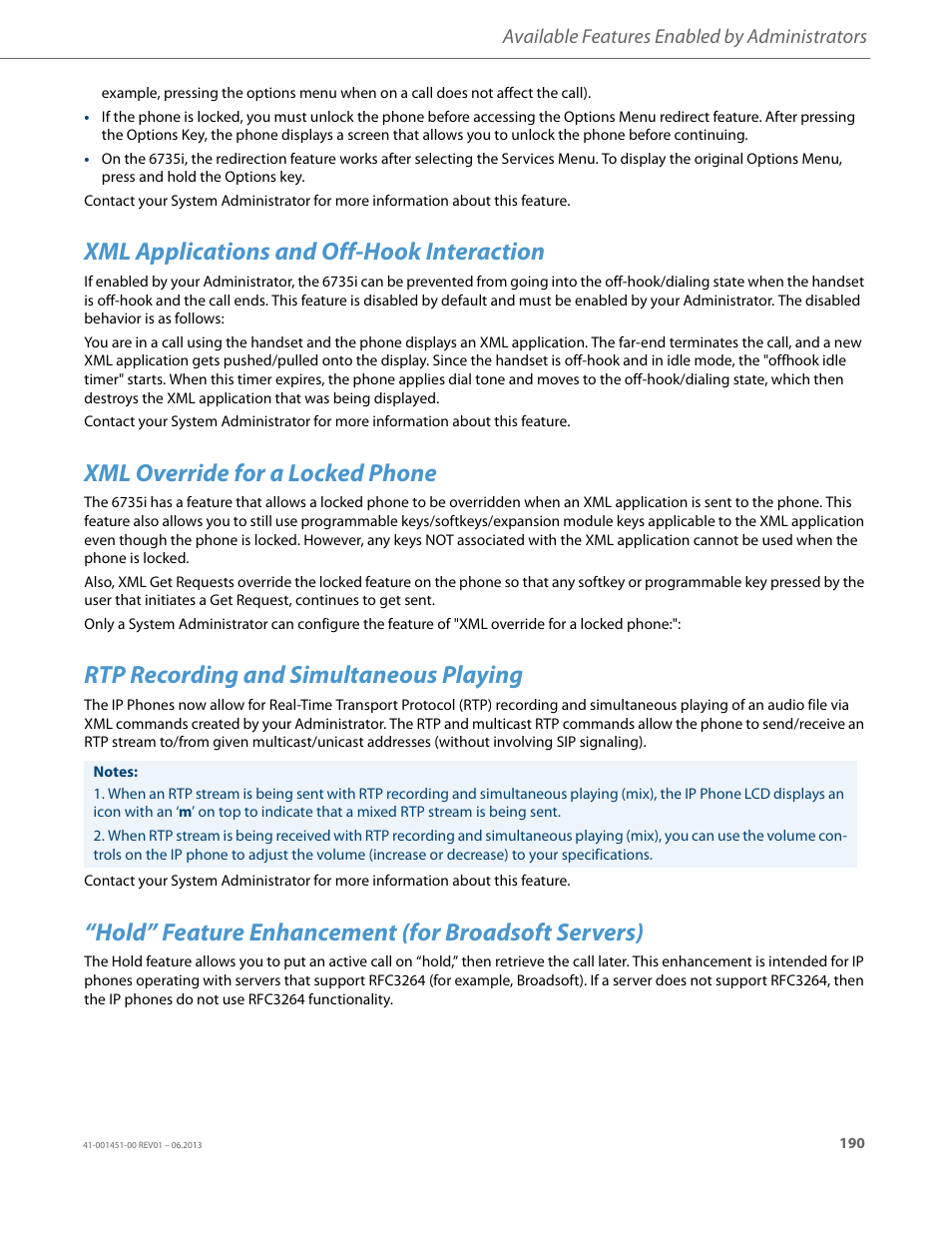 Xml applications and off-hook interaction, Xml override for a locked phone, Rtp recording and simultaneous playing | Hold” feature enhancement (for broadsoft servers), Available features enabled by administrators | AASTRA 6735i User Guide EN User Manual | Page 197 / 220