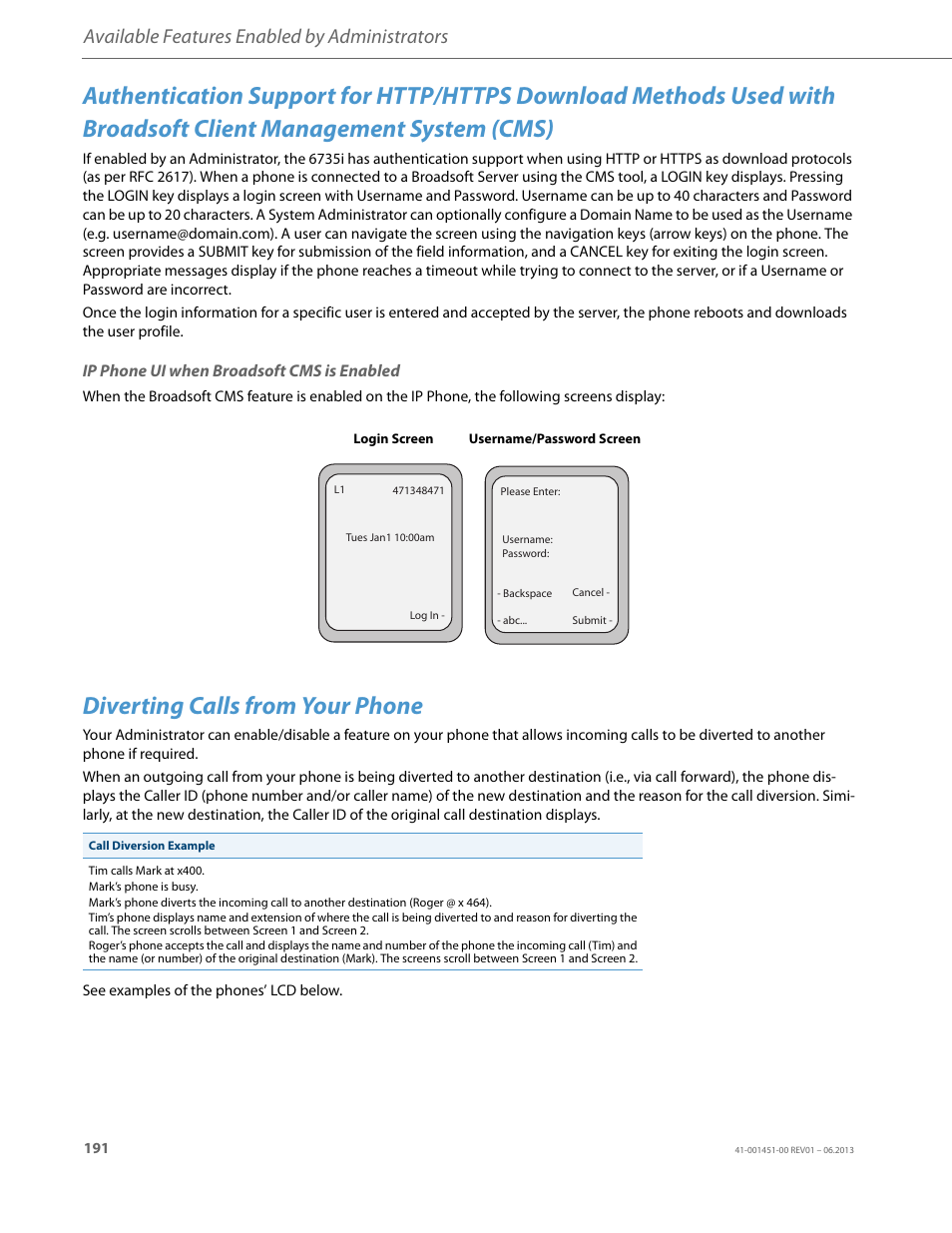 Ip phone ui when broadsoft cms is enabled, Diverting calls from your phone, Available features enabled by administrators | AASTRA 6735i User Guide EN User Manual | Page 198 / 220
