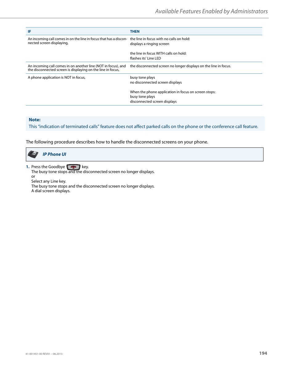 Available features enabled by administrators | AASTRA 6735i User Guide EN User Manual | Page 201 / 220