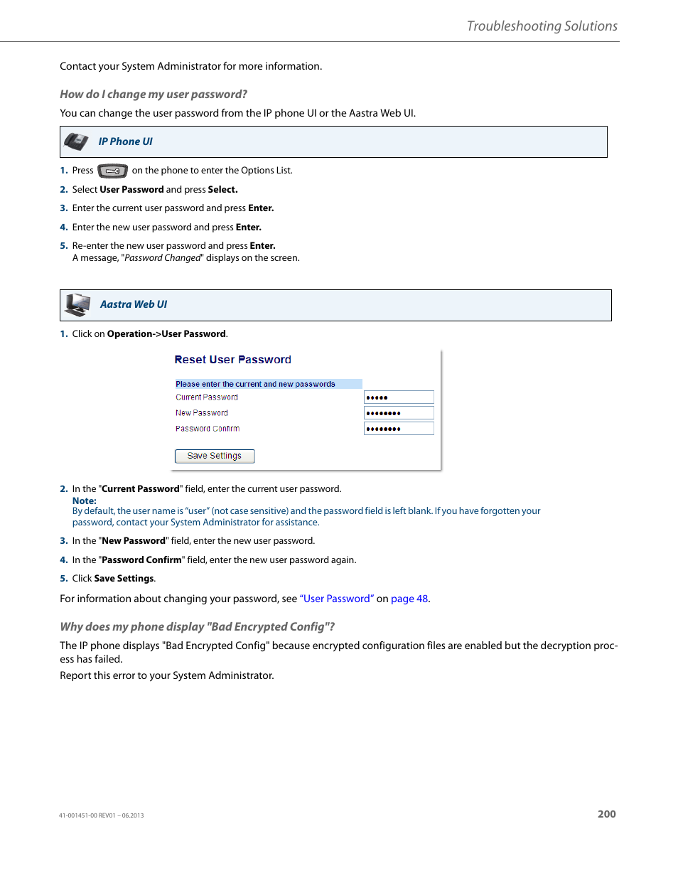 How do i change my user password, Why does my phone display "bad encrypted config, Troubleshooting solutions | AASTRA 6735i User Guide EN User Manual | Page 207 / 220