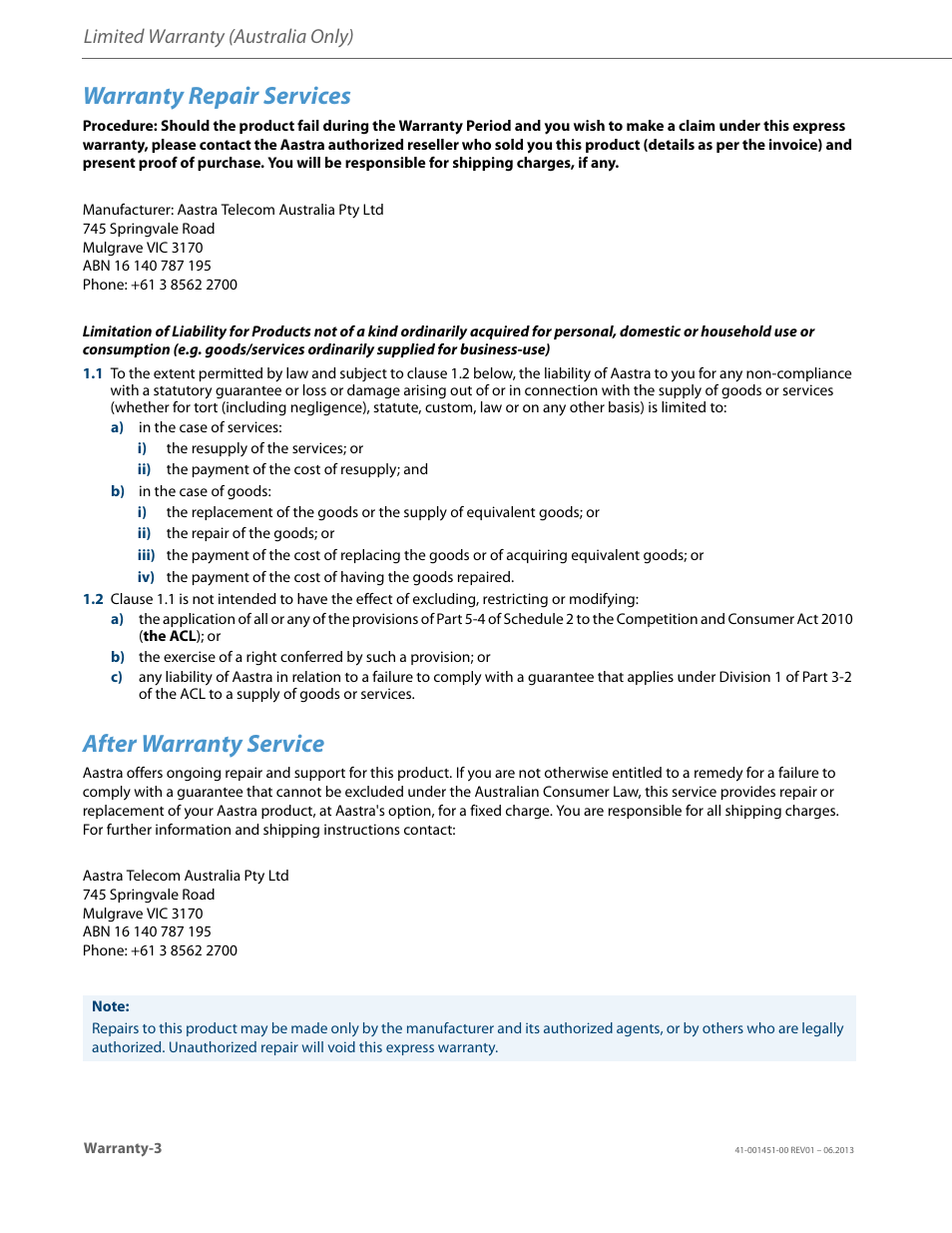 Warranty repair services, After warranty service, Limited warranty (australia only) | AASTRA 6735i User Guide EN User Manual | Page 212 / 220